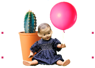 A small porcelain doll holding a pink balloon sits on front of a pot of cactus.