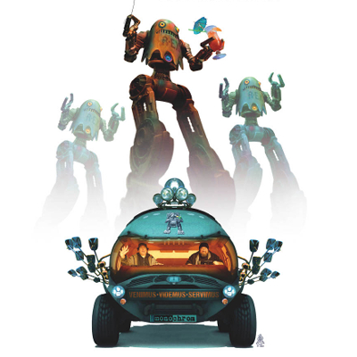 A funny-looking round car is chased by three giant robots holding cocktails in the background.