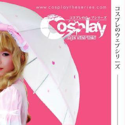 A photo of a young girl in blonde wig and frilly coquette dress and umbrella upon a pink background. The text "Cosplay: The Series" is on the background in both English and Japanese.