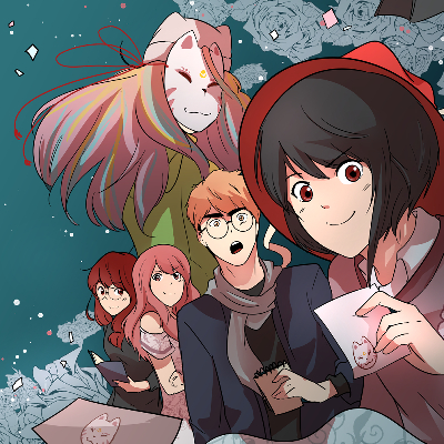 Teenage detective Sofia smiles knowingly at the camera while three of her friends look concerned behind her as a large masked figure with rainbow hair looms over them.