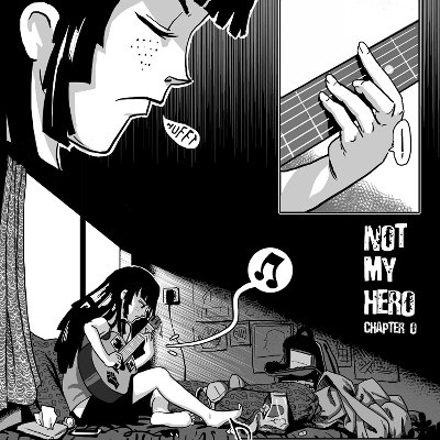 A comic book page depicting a girl starting to play her guitar in her very messy room.