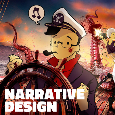 A cartoon character calmly steers a photorealistic ship while another cartoon character frantically shoots giant tentacles coming out of the ocean.