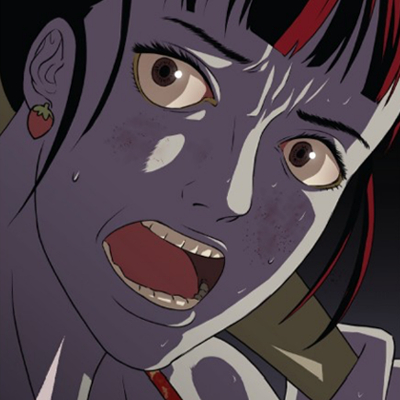 An illustration of a woman shouting in panic in creepy lighting that makes her skin look grey and her hair dark red.