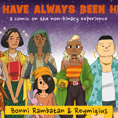 Five gender-nonconforming cartoon characters smile at the camera as the skies behind form shades of nonbinary colours.