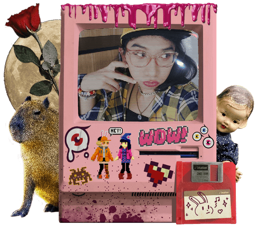 A photo of Bonnibel Rambatan is displayed on the screen of an old dusty pink Apple McIntosh. The computer has strange purple slime, various stickers, and a mysterious bloodstain. A three and a half inch red floppy disk with doodles of a singing bunny sits next to it, in front of a porcelain doll. On the other side, we see a capybara, a full moon, and a single rose.
