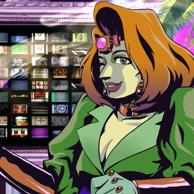 A retro futuristic news anchor winks at the camera while holding a literal smoking gun off panel.