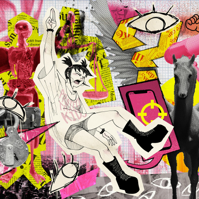 A cartoon character gives a three finger salute, a protest symbol, on top of a collage of digital threats of surveillance and AI-generated skeleton and winged horse.