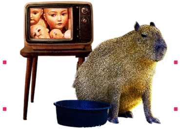 A capybara and a bucket stand next to an old television displaying numerous creepy doll faces on screen.