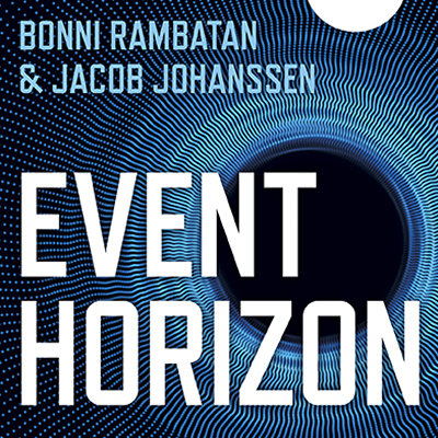A large text says "Event Horizon" and the authors' names on top of a topological model of a black hole.