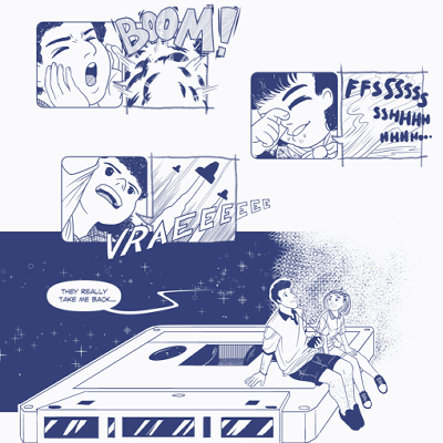 A comic page showing a man and a woman reminiscing his childhood. The two sit on top of a giant cassette tape floating in space. Panels show his childhood with this sister playing pretend.